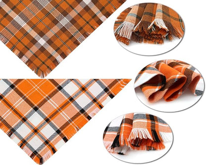 Fall Dog Bandanas,Autumn Halloween Orange Plaid Scarf,Triangle Holiday Thanksgiving Outfit for Boy and Girl Dogs,Pet Costumes for Medium to Large Dogs,2PCS Double-Sided Plaid Design with Tassels