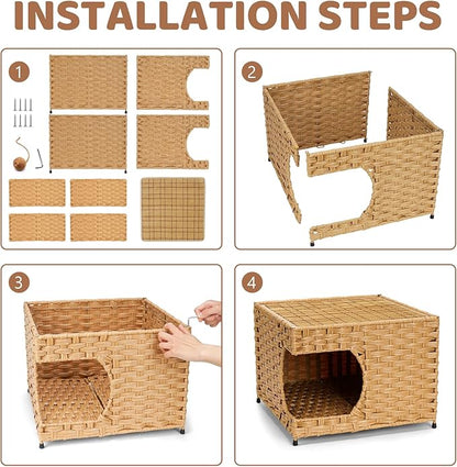 Cat House for Indoor Cats - Wicker Cat Bed with Double-Sided Soft Cushion, Decorative Handwoven Pet Bed Furniture