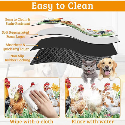Chicken Rooster Dog Cat Food Mat,Green Grass Absorbent Waterproof Placemat for Food and Water Non Slip Rubber Backing Durable Feeding Pad for Clean Floors 12" x 20"