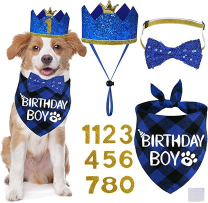 STMK Dog Birthday Party Supplies, Multi Size Dog Birthday Hat with Numbers Bandana Bow Tie for Medium Large Dogs Pets (Blue, Large)