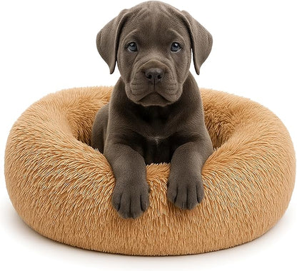 Calming Dog Bed - Fluffy Donut Cuddler for Anxiety Relief, Orthopedic Pet Bed with Non-Slip Bottom, Cozy Round Faux Fur Nest for Dogs and Cats, Plush Crate Mat for Comfort (Camel, Medium)