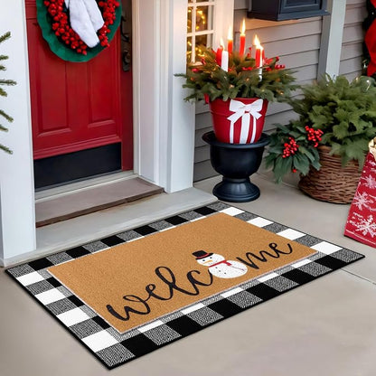 Tinideya 2 Pcs Winter Door Mat Snowman Welcome Non Slip Coir Mats Snow Black White Buffalo Plaid Floor Layering Doormats Seasonal for Front Porch Entryway Decor(Snowman)