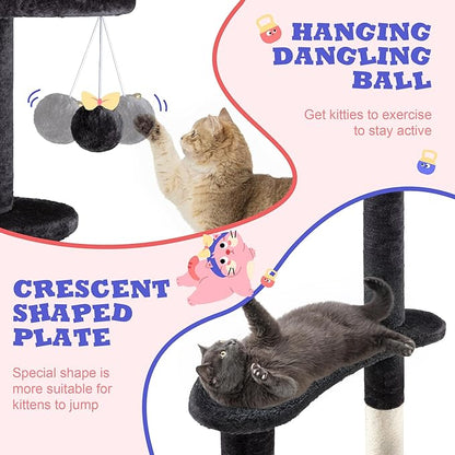 Allewie 55.5 in Cat Tree for Indoor Kitties/Soft Plush Perches/Multi-Level Cat Tower/Sisal Scratching Posts/Crescent Plates/Round Jumping Board/Hanging Ball/Pet Activity Center/Dark Grey