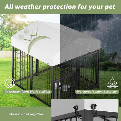 LOVMOR Outdoor Dog Kennel with Roof, Heavy Duty Steel Dog Run Enclosure for Small Dogs, Waterproof Canopy, Double Latch Door, Adjustable Feeding Bowls, Pet Pen for Yard and Patio, 4’L x 4’W x 4.25’H