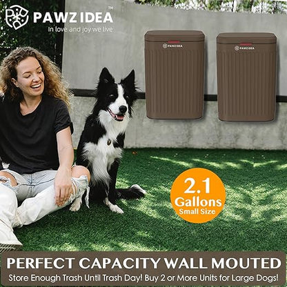 PAWZIDEA Wall Mount Dog Poop Trash Can Outside, 2.1 Gallon Small Dog Waste Bin with Lid, Activated Carbon Odor Control, Waterproof Metal Pet Waste Disposal Container, Fence Hang Poop Proof Garbage Can