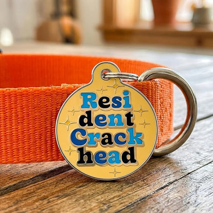 Bad Tags Personalized Dog and Cat ID Tags in 25+ Designs and 2 Sizes - 5 Lines of Custom Engraved Text - Funny Cute Personalized Pet Tags (Resident Crackhead - Orange, Large (1.25 inch))