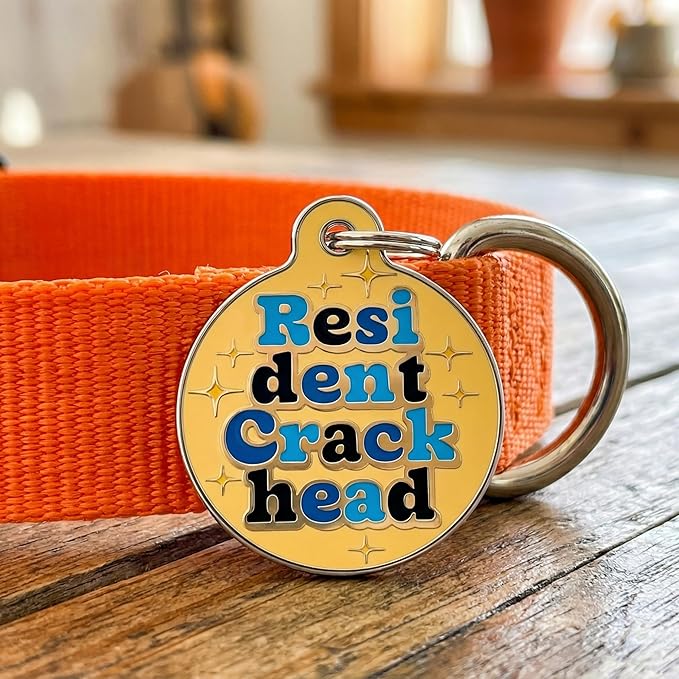 Bad Tags Personalized Dog and Cat ID Tags in 25+ Designs and 2 Sizes - 5 Lines of Custom Engraved Text - Funny Cute Personalized Pet Tags (Resident Crackhead - Orange, Small (1 inch))