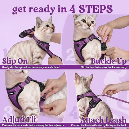 rabbitgoo Cat Harness and Leash for Walking, Escape Proof Soft Adjustable Vest Harnesses for Cats, Easy Control Breathable Reflective Strips Jacket, Purple, S