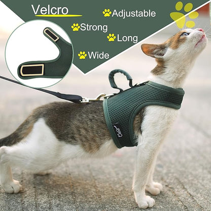 Cat Harness and Leash for Walking Escape Proof Breathable Mesh Fabric, Solid Green, Large, Adjustable Cat Walking Jackets with Handle, Padded Stylish Cat Vest