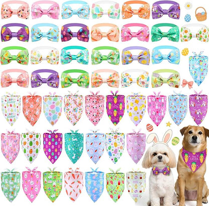Sanwuta 50 Pcs Dog Bandanas and Collar Bow Ties Set 25 Bandanas Bulk 25 Charm Dog Collar Pet Triangle Pet Scarf Bowtie for Small Medium Large (Easter)