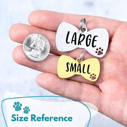 Ultra Joys Dog Tags Personalized for Pets - Hollow Paw Custom Pet ID Tag - Engraved Dog Tag for Small, Large Dogs - Small Bow Tie in Gold
