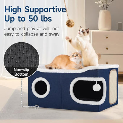 Shikha Cat Beds for Indoor Cats, Extra Wide Cat Cube House for Multi Cats, Foldable Cat Cave Hideaway with Arc-Edge Design & Oval Door, Reversible Cushion for All Seasons, 24"L x 17.7"D x 12.6"H, Blue