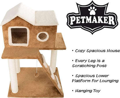3-Tier Cat Tower - Napping Perches, Cat Condo with Ladder, 3 Sisal Rope Scratching Posts, Hanging Toy – Cat Tree for Indoor Cats by PETMAKER (Brown)