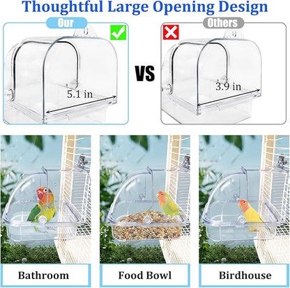 Tfwadmx Bird Cage Bath Hanging Parrot Bath Tub Water Shower Food Feeder Holder Tray Bird Bath Supplies for Small Birds Canary Budgies Cockatiel Lovebirds (Transparent)