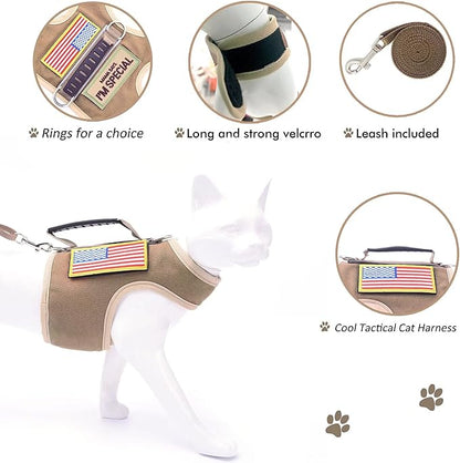 Tactical Cat Harness and Leash for Walking Escape Proof, Adjustable Cat Walking Jackets, Padded Stylish Cat Vest, Khaki, Large