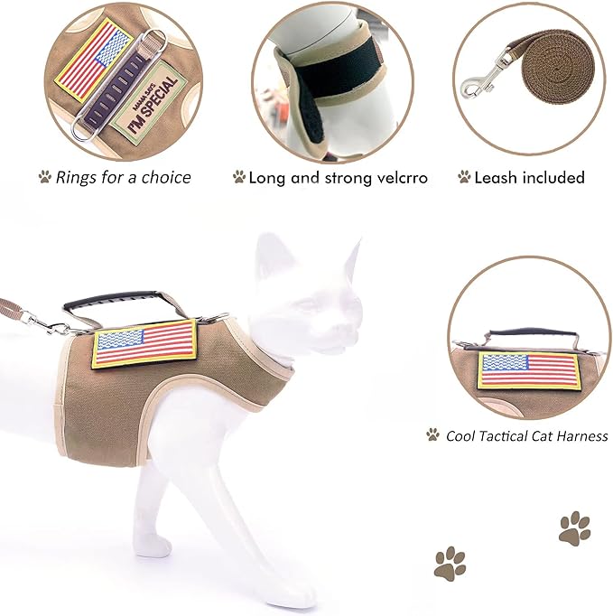 Tactical Cat Harness and Leash for Walking Escape Proof, Adjustable Cat Walking Jackets, Padded Stylish Cat Vest, Khaki, XX-Large
