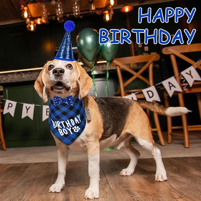 Dog Birthday Party Supplies, Dog Birthday Decorations with Bandanas/Hat/Bow Tie/Collar with 0-8 Numbers, for Large X-Large Cat Dogs Pets (X-Large, Blue)