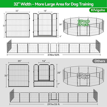 Dog Playpen Outdoor Extra Wide 12 Piece Panels Heavy Duty Dog Fence 32" Height Anti-Rust with Doors Portable for RV Camping Yard, Total 32FT, 79 Sq.ft, Snowy Black