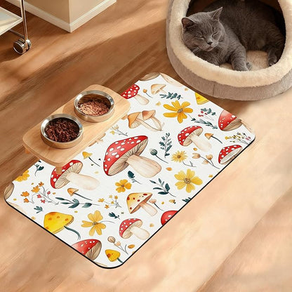 Pet Feeding Mat,Mushroom Absorbent Dog Cat Food Mat Flowers Dog Mat with Rubber Backing,Non-Slip Water Bowl Placemat,Pet Supplies 12" x 20"