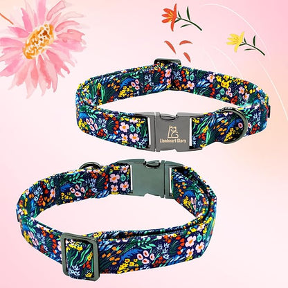 Lionheart glory Dog Collar Darkblue Flower Dog Bow Collars Floral Dog Collar with Flower Male or Female Spring Fall Pet Gift Durable Adjustable Dog Collar for Large Dogs