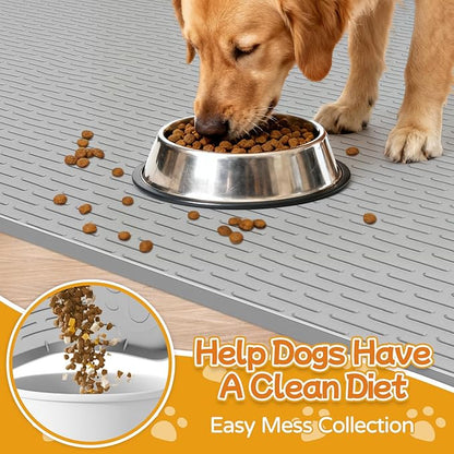 Lanstics Dog Food Mat, 50" x 35" Large Silicone Mat Dog Feeding Mat with Raised Edge Non-Slip Pet Feeding Mat for Food and Water Bowl, Easy to Clean, Floor Protection (Gray)