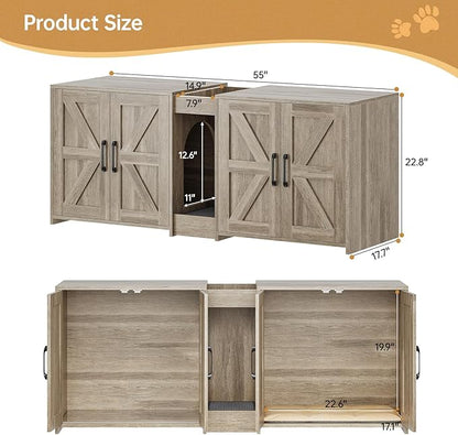 Cat Litter Box Enclosure Furniture - Hidden Litter Box Double Cabinet with Scratch Pad & Cats Bed | Farmhouse Style End Table for Cats | Discreet Cat Washroom for Living Room & Bedroom Grey
