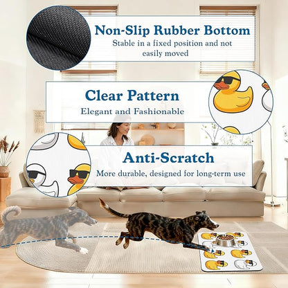 Cute Ducks Glasses Pet Feeding Mat for Floors–Christmas Stocking Absorbent Quick Dry Dog Cat Bowl Mat for Food and Water, Non Slip Waterproof Base, Mess-Free Feeding Accessories 16"x24"