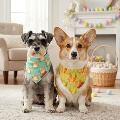 ADOGGYGO Easter Dog Bandana 2 Pack, Bunny Egg Carrot Print Pet Scarf Bib, Adjustable Fit Green Yellow Easter Bandanas for Small Dogs (Small)