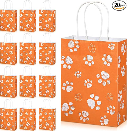 Blulu 20 Pcs Puppy Dog Paw Gift Bags with Paper Twist Handles, Dog Gift Paper Paw Treat Goodie Bags for PET Treat Party Favor, 6.3 x 3.1 x 8.6 Inch(Orange Backing)