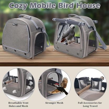 Bird Carrier Parrot Travel Cage with Perch, Food Bowl, Tray and Breathable Clear Window, Bird Travel Bag for African Gray Cockatiel Caique Conure Quaker, for Vetting Camping Hiking (Gray)
