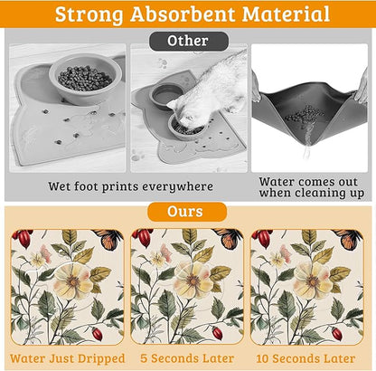 Butterfly Flower Dog Food Mat,Vintage Berry Absorbent Pet Feeding Mat for Food and Water Bowl,Quick Dry Dog Placemat Non Slip Rubber Backing Waterproof Pet Supplies 12" x 20"