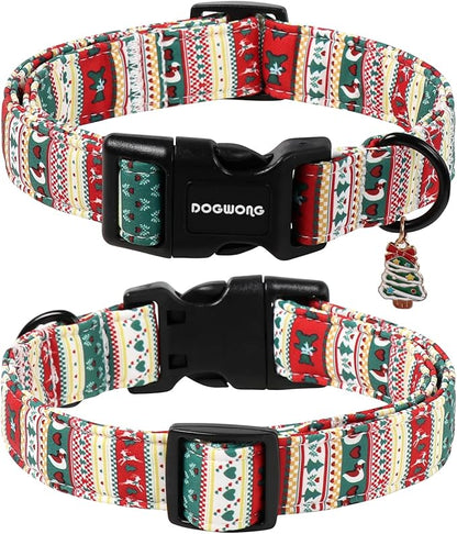 DOGWONG Christma Dog Collar, Classic Cute Red Green Christmas Tree Dog Collar for Boy and Girl Dogs, Strong Plastic Buckle Dog Collars for Large Dogs,XL