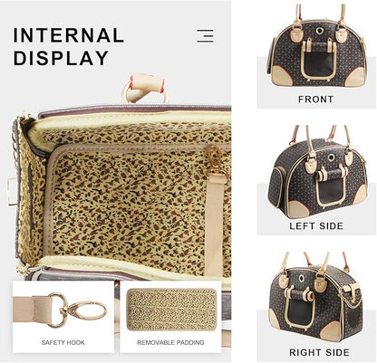 Fashion Dog Carrier PU Leather Dog Handbag Dog Purse Cat Tote Bag Pet Cat Dog Hiking Bag, Brown, Large 42 * 29 * 18cm