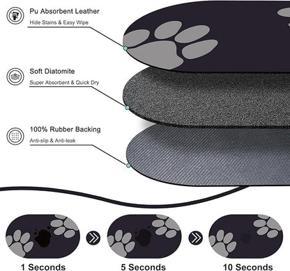 Pet Feeding Mat – 20''x12'' Absorbent Dog Food Mat, Pet Water Mats Protect Floor, No Stains Quick Dry Bowl Mats, Non-Slip Rubber Base Pets Placemats for Food and Water, Black Paw