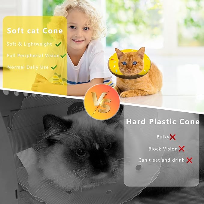 Cat Cone Collar Soft, Adjustable Cat Recovery Collars Kitten Cones to Stop Licking, Cute Donut Collar After Surgery, Cats Neck Pillow Cone Elizabethan Cones of Shame (Waterproof Yellow, Medium)