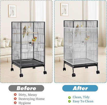 Large Bird Cage Net, Universal Adjustable Bird Cage Covers Mesh Polyester Birds Cages Seed Catcher Parakeet Cages Liners Birds Cagees Accessories for Birdcage Parakeet Parrot Enclosures (White)