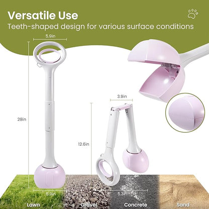 Dog Pooper Scooper Portable with Bag Attachment, One Handed Foldable Design, Includes 120 Waste Bags and Dispenser, 28 Inch Handle for Grass Yard Gravel Cleanup (Purple)