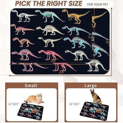 Dinosaur Skeleton Dog Cat Food Mat,Vintage Color Absorbent Pet Feeding Mat with Rubber Backing,Non-Slip Water Bowl Placemat,Indoor Pet Accessories Supplies 16"x24"