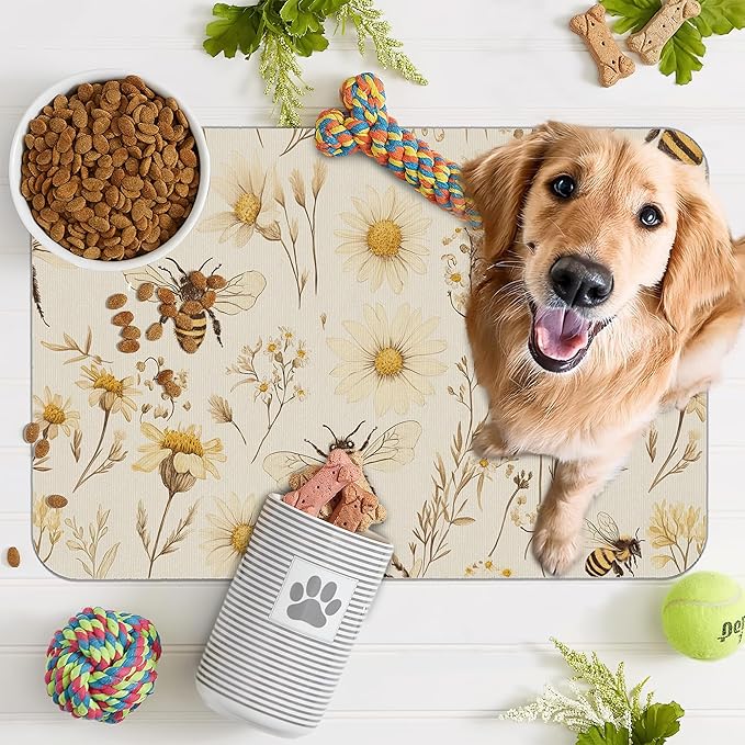 Bees Boho Daisy Floral Dog Food Mat for Floors,Absorbent Pet Food and Water Bowl Mats,Non-Slip Pet Feeding Mat,Pet Supplies 16" x 24"