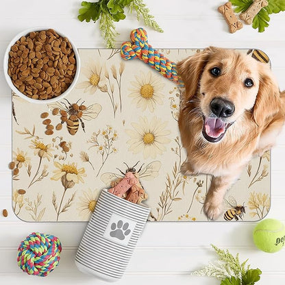 Bees Boho Daisy Floral Dog Food Mat for Floors,Absorbent Pet Food and Water Bowl Mats,Non-Slip Pet Feeding Mat,Pet Supplies 16" x 24"