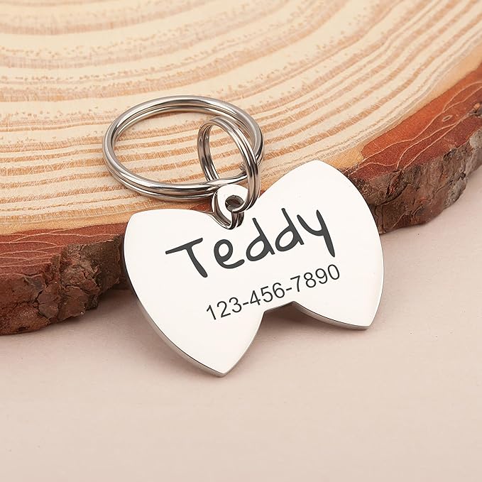Anavia Personalized Pet ID Tags, Stainless Steel Glossy Laser Engraved Dog Cat Collar Name Tags, Multiple Colors Shapes Sizes (Bow Tie, Small)