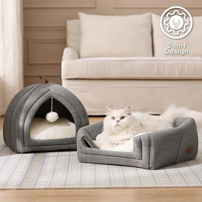 Bedsure Cat Beds for Indoor Cats - 2 in 1 Cat Cave House Tent for Kittens and Small Pets with Removable Washable Cushioned Pillow, Foldable Kitten Hideaway with Non-Slip Bottom, Grey, 16 inches