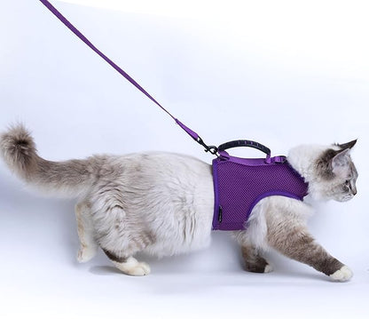 Cat Harness and Leash for Walking Escape Proof Breathable Mesh Fabric, Purple, Medium, Adjustable Cat Walking Jackets with Handle, Padded Stylish Cat Vest