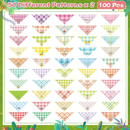 Sweetude 100 Pcs Spring Plaid Dog Bandanas Bulk with Sayings Spring PET Scarf Bibs Adjustable Washable Kerchief Seasonal PET Costume Accessories Grooming Supplies for Small to Large Cats Dogs