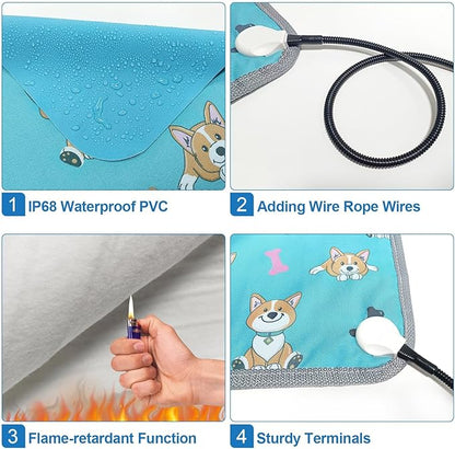 Dog Heating Pad 28×18 in Waterproof Heated Dog Bed,Smart Thermostat Switch with Normally Open On Function,Puppy Heating Pad with Metal Protective Tubes Added-Blue