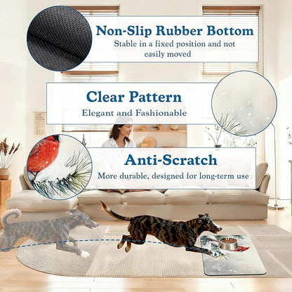 Cardinal Bird Dog Food Mat–Chirstmas Snow Absorbent Quick Dry Feeding Placemat for Food and Water Bowls, Non Slip Rubber Backing, Waterproof Pet Supplies for Mess-Free Eating 12"x20"
