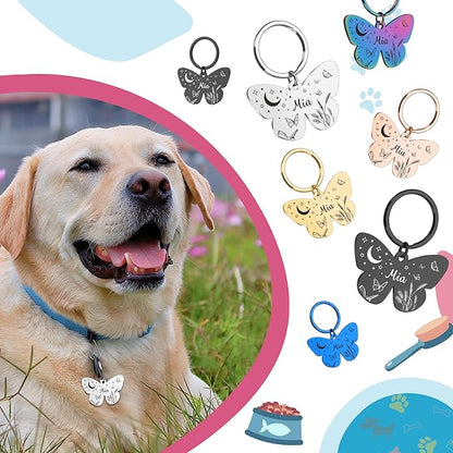 Dog Tags Personalized for Pets - Custom Dog Name Tag for Dog Collar, Colorful Butterfly Pet ID Tag, Stainless Steel Pet ID Tags for Small Large Dogs Cats, Pets Accessories for Cat Engraved Both Sides