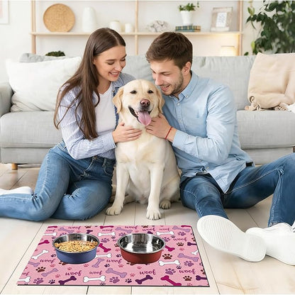 Dog Feeding Mat 24 x 16 Inch, Pink Paw Bone Woof Dog Placemat Absorbent Quick-Dry for Food and Water, Waterproof Non Slip Rubber Pet Bowl Pad Mat for Floors