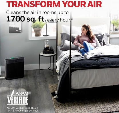 Honeywell HEPA Air Purifier for Home, 1733 Ft² Rooms in 1 hour, Air Quality Indicator, Auto Mode, Reduces Allergens, Dust, Pollen, Smoke, Pet Dander, Odors, Black, HPA5200