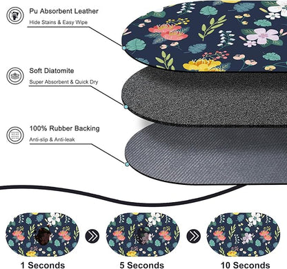 Absorbent Pet Food Mat 24''x16'', No Stains Quick Dry Pet Water Mat Protect Floor, Cat Dog Water Bowl Mat for Messy Drinkers, Non-Slip Rubber Base Pet Placemats for Food and Water, Dark Blue Floral